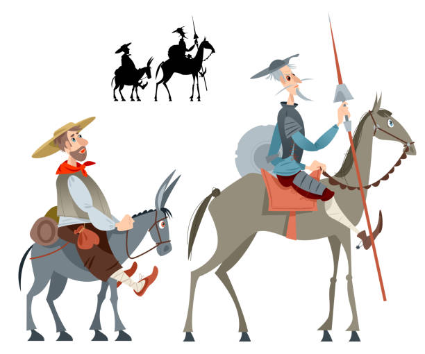 illustrazioni stock, clip art, cartoni animati e icone di tendenza di cavaliere errante don chisciotte con il suo servo sancho panza - la mancha