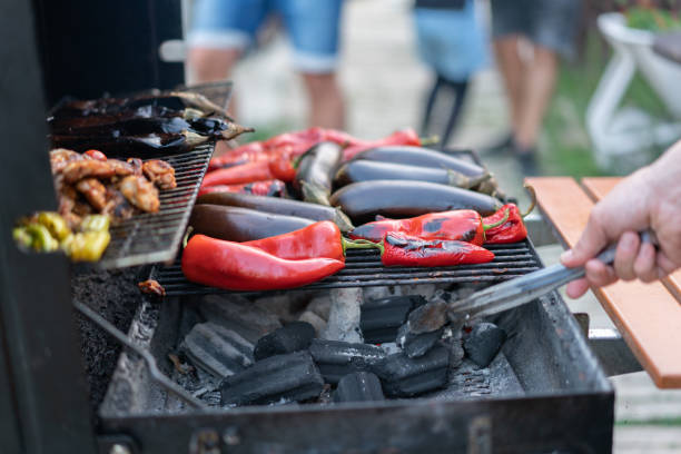 Vegetables and meat on the grill, close up