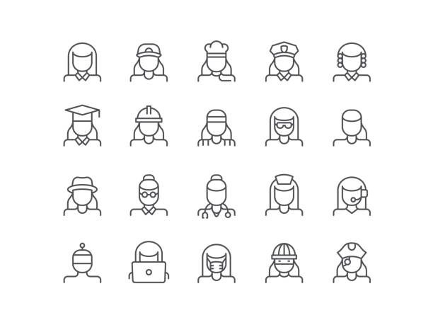 Female Avatar Icons Avatar, female, people, character, icon, icon set, editable stroke, outline, occupation, silhouette, adult chief of staff stock illustrations