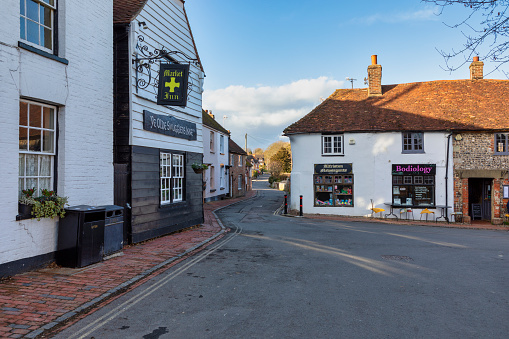 Alfriston, Eastbourne, England - Feb 14, 2022: Nestled between the coastal towns of Eastbourne and Seaford is the tiny village of Alfriston.