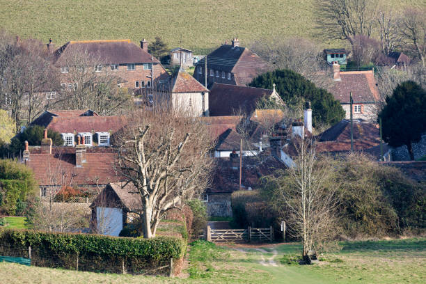 Traditional english cottages with half-timbered brickwork and white weatherboarding line a sunny village street under a clear blue sky, showcasing quaint historic charm