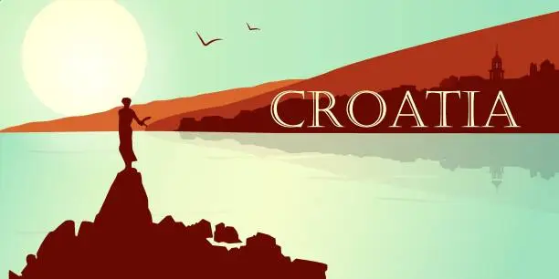 Vector illustration of Flat panoramic landscape. Background silhouette of Croatia. Silhouette of mountains and sea on a colorful background. Vector illustration.
