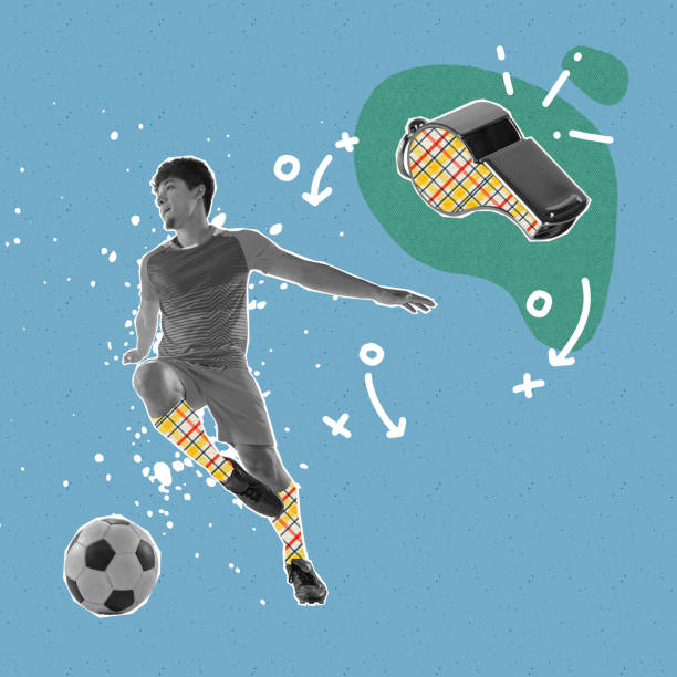 istock Creative art collage with young man, professional soccer player in action over light background with drawings. Sport, achievements, media, betting, news, ad 1407512601