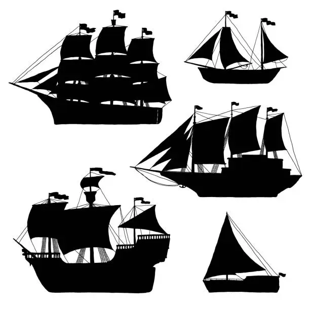 Vector illustration of Silhouette sailboats and yachts. Set ships with sails are modern and vintage. Black outline isolated illustrations.