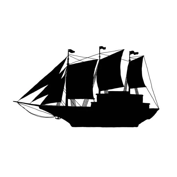 Vector illustration of Silhouette sailboat. Modern ship with sails black outline isolated illustration.