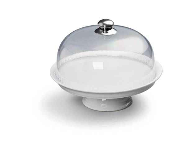 istock Empty white ceramic cake stand with transparent lid, isolated on white 1407513666