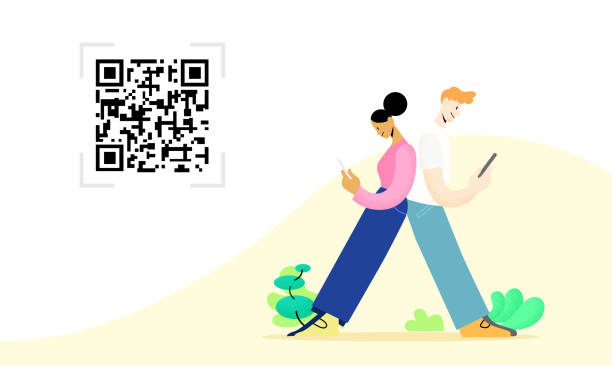 istock Qr code scanning template- Woman and man with smartphones looking at screen 1407516137