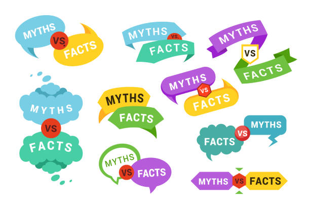 Myths vs facts set versus battle isometric vector illustration. True or false speech bubbles pointer Myths vs facts set versus battle isometric vector illustration. True or false speech bubbles pointer and ribbon different shapes isolated. Mythology news problem colored badges fiction false wrong falsehood stock illustrations