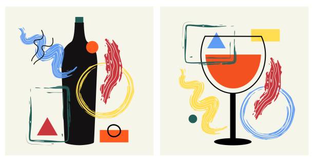ワインボトル、ガラス、抽象的な要素、幾何学的なデザインで設定されたベクターイラスト。 - wine abstract drink alcohol点のイラスト素材／クリップアート素材／マンガ素材／アイコン素材