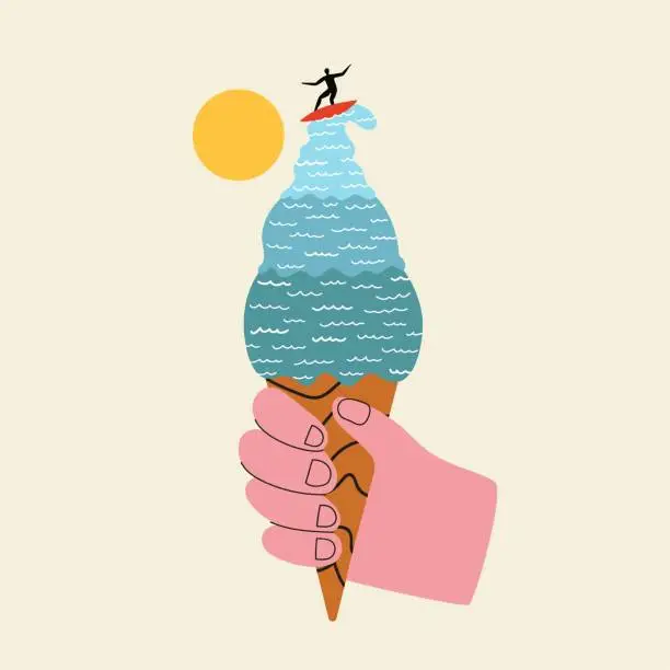 Vector illustration of Vector illustration with ice cream cone as ocean with waves and surfboarder silhouette riding on surfboard with sun on background.