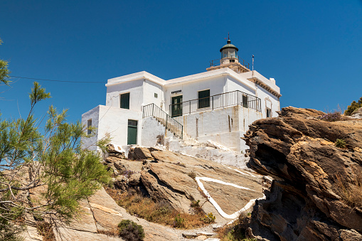 Paros Greece. 06-07-2022. Lighthouse in national park at Paros. Cyclades Islands. Greece
