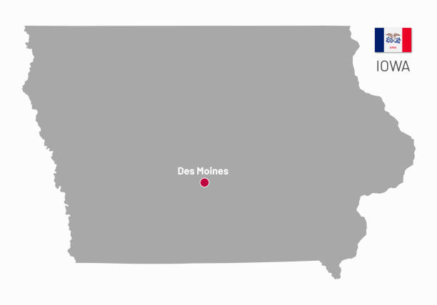 Gray map of Iowa, federal state of USA Gray map of Iowa, federal state of USA. Silhouette of Iowa abstract outline editable map with borders and flag of federal state realistic vector illustration des moines silhouette stock illustrations