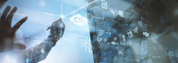 Businessman working virtual modern computer to reduce CO2 emissions carbon footprint climate change to limit global warming.Sustainable development and innovation green business concept. stock photo