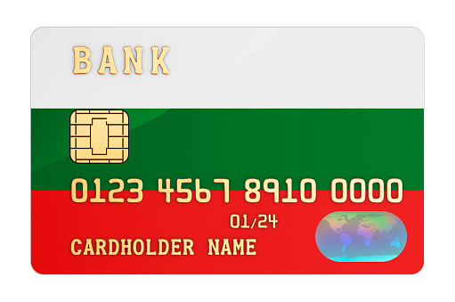 Bank credit card featuring Bulgarian flag. National banking system in Bulgaria concept. 3D rendering isolated on white background