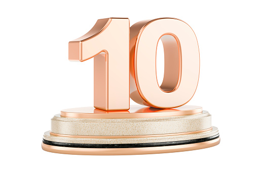 Golden 10 on the podium, award concept. 3D rendering isolated on white background