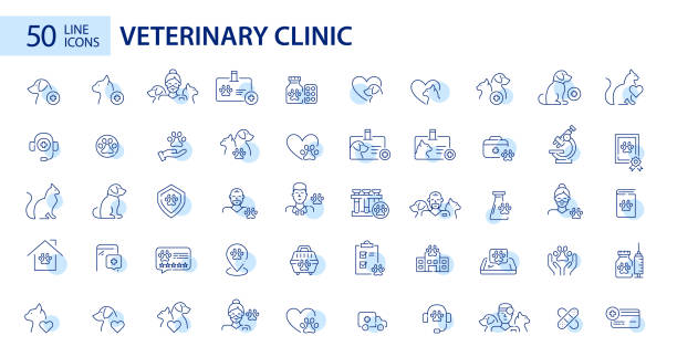 bildbanksillustrationer, clip art samt tecknat material och ikoner med animal clinic veterinary hospital line art mega set. 50 pixel perfect, editable stroke icon - veterinär, undersökning