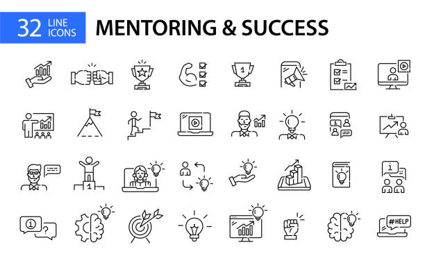 ilustraciones, imágenes clip art, dibujos animados e iconos de stock de conjunto de 32 iconos de mentoría, coaching y estrategias de éxito. trazo editable perfecto para píxeles - entrenar