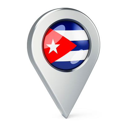 Map pointer with flag of Cuba, 3D rendering isolated on white background