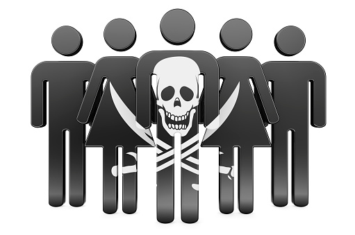 Stick figures with pirate flag, 3D rendering isolated on white background