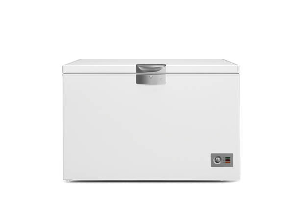 Closed freezer on a white background. Home freezer for household.