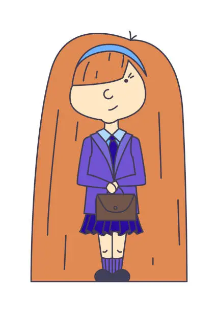 Vector illustration of Cute funny school girl character sticker. Vector illustration