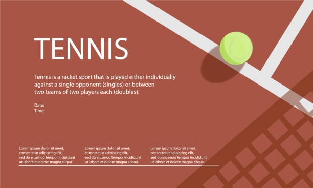 Horizontal Tennis Championship, Tournament, School, Education Poster. Indoor, red, outdoor Court. Ball on the Line with shadow. Close up. Flat Minimalistic Retro style - made in Vector Horizontal Tennis Championship, Tournament, School, Education Poster. Indoor, red, outdoor Court. Ball on the Line with shadow. Close up. Flat Minimalistic Retro style - made in Vector tennis stock illustrations