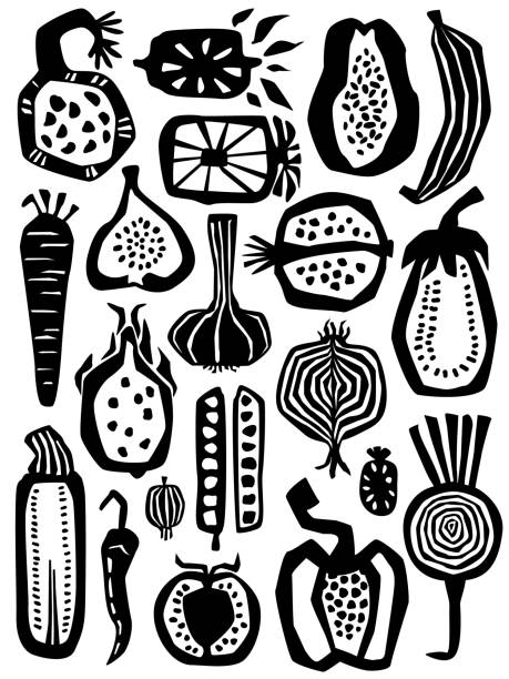 абстрактный вырез стиль различные нарисованные фрукты и овощи художественный плакат, векторная иллюстрация графический принт - vegetable beet doodle food stock illustrations