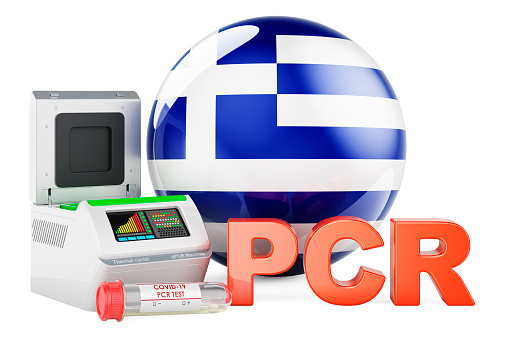 PCR test for COVID-19 in Greece, concept. PCR thermal cycler with Greek flag, 3D rendering isolated on white background