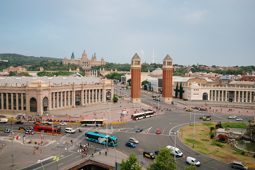 Madrid Spain, high angle view city skyline at Independence Square and Cibeles Fountain