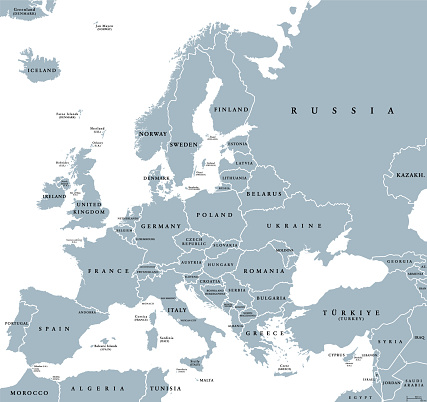 Europe with part of Middle East, Western Eurasia, gray political map