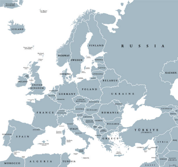 Europe with part of Middle East, Western Eurasia, gray political map Europe with a part of the Middle East, gray political map. Western part of the continent Eurasia, located in the Northern Hemisphere. Countries with international borders and English labeling. Vector landmass stock illustrations