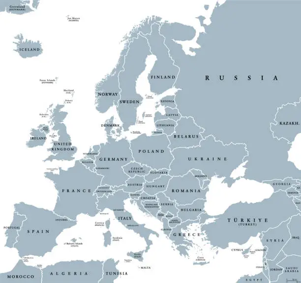 Vector illustration of Europe with part of Middle East, Western Eurasia, gray political map