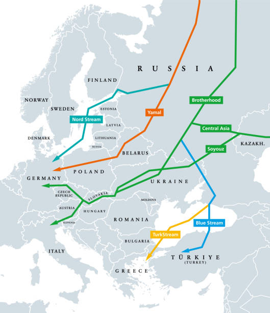 stockillustraties, clipart, cartoons en iconen met natural gas pipelines from russia to europe, political map - nordstream