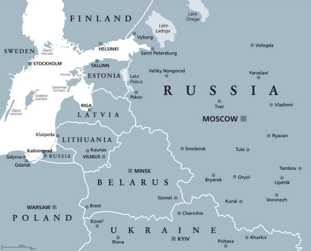 прибалтика и калининградская область, серая политическая карта - калининград stock illustrations