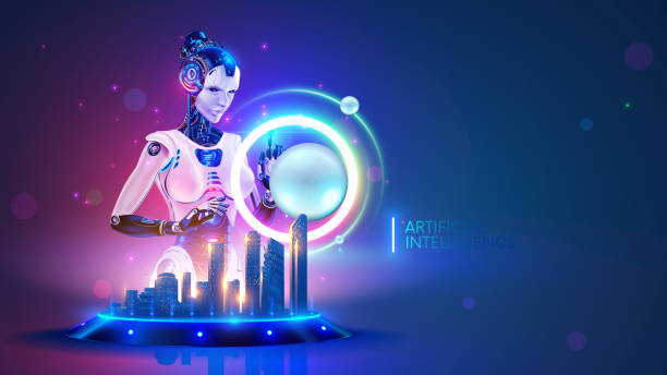 Beautiful Robot woman standing at the interactive table with hologram of smart city. Cyborg work with virtual abstract spherical interface. AI or artificial intelligence controls systems of smart city vector art illustration