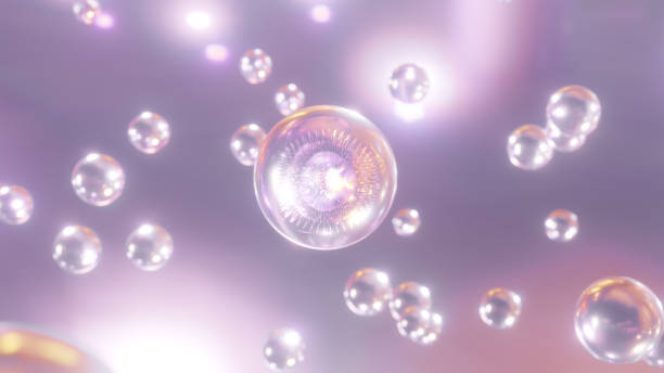 3D cosmetic rendering Serum bubbles of various colors on a blurred background stock photo