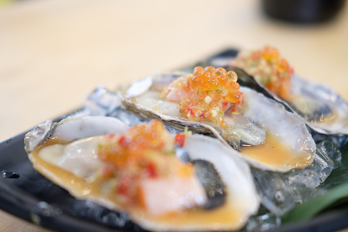 Premium oyster sashimi, fusion japanese food. Selective focus