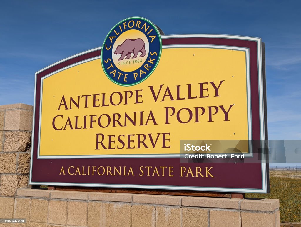 Sign to the Antelope Valley Poppy Reserve State Park near Lancaster California Antelope Valley Poppy Reserve Stock Photo