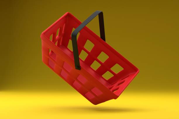 istock Red grocery basket on a yellow background. Shopping concept. 3D render. 1407537924