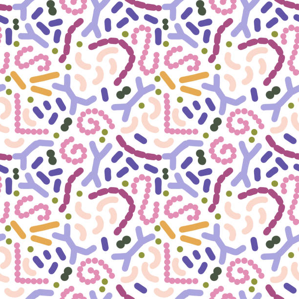 Seamless pattern with different probiotics. Flat simple vector illustration for Medicine or dietary supplements for gastrointestinal health. Bifidobacterium, lactobacillus, streptococcus thermophilus, Seamless pattern with different probiotics. Flat simple vector illustration for Medicine or dietary supplements for gastrointestinal health. Bifidobacterium, lactobacillus, streptococcus thermophilus probiotic pattern stock illustrations