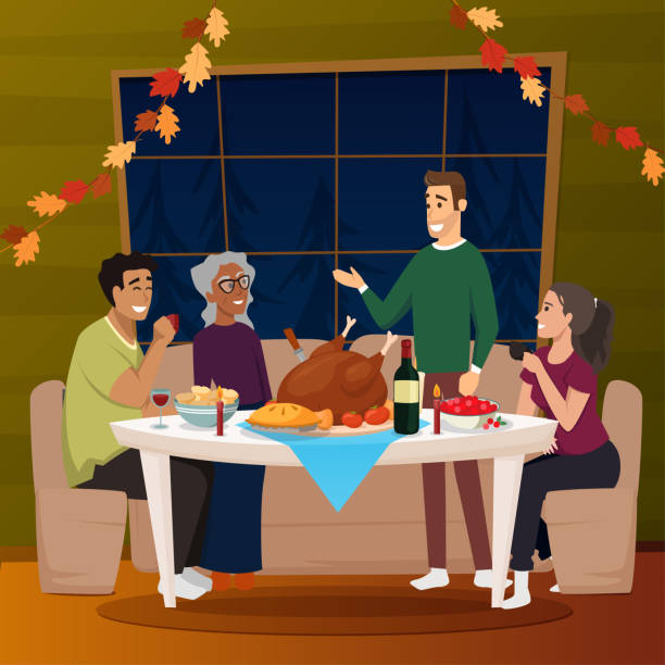 ilustrações de stock, clip art, desenhos animados e ícones de christmas and thanksgiving inspired holiday card with diversity family celebrating thanksgiving day turkey at the table. vector flat design family holiday weekend illustration for poster,card,banner - dinner friends christmas