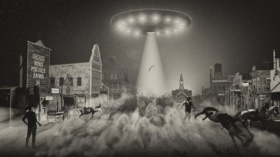 Old wild west cowboy town with UFO - 3D