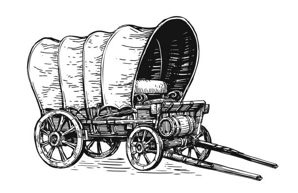 Covered wagon hand drawn sketch. Wild West concept. Vintage transport in style of old engraving. Vector illustration