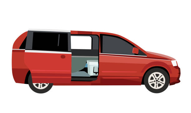 путешествующий фургон с плоской векторной иллюстрацией с открытой дверью, изолированной на белом фоне - mirror car rear view mirror road stock illustrations