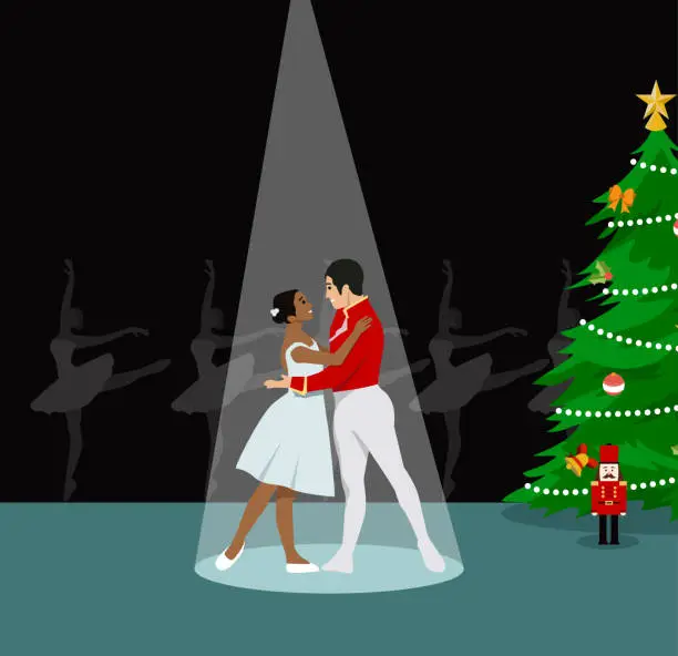 Vector illustration of Nutcracker Christmas show flat vector illustration isolated on background with Christmas tree