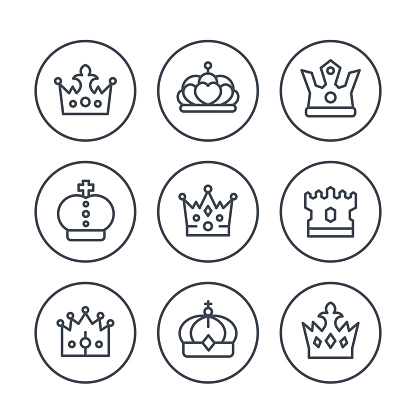 crowns line icons in circles on white, vector illustration