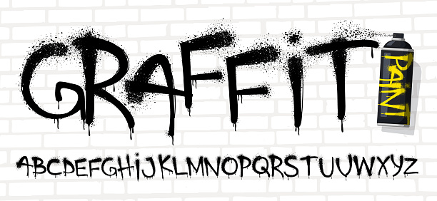 Spray graffiti font. Urban wall tagging lettering, street art text with sprayed paint texture effect and grunge capital letters vector set. Alphabet with dripping blots and aerosol