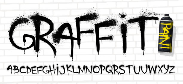 Spray graffiti font. Urban wall tagging lettering, street art text with sprayed paint texture effect and grunge capital letters vector set Spray graffiti font. Urban wall tagging lettering, street art text with sprayed paint texture effect and grunge capital letters vector set. Alphabet with dripping blots and aerosol marker font alphabet stock illustrations