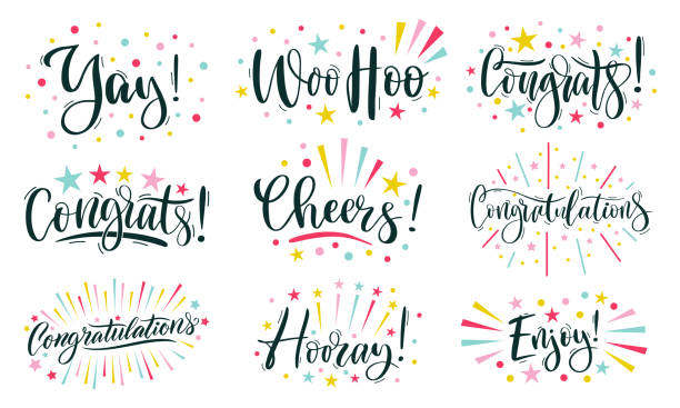 ilustrações de stock, clip art, desenhos animados e ícones de joyful lettering. congratulations text, cheers and hooray calligraphic inscription. congrats, enjoy and woo hoo template with rays and sparkles vector set - felicitar