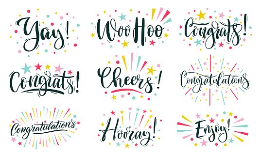 Joyful lettering. Congratulations text, cheers and hooray calligraphic inscription. Congrats, enjoy and woo hoo template with rays and sparkles vector set. Yay and enjoy exclamations with confetti